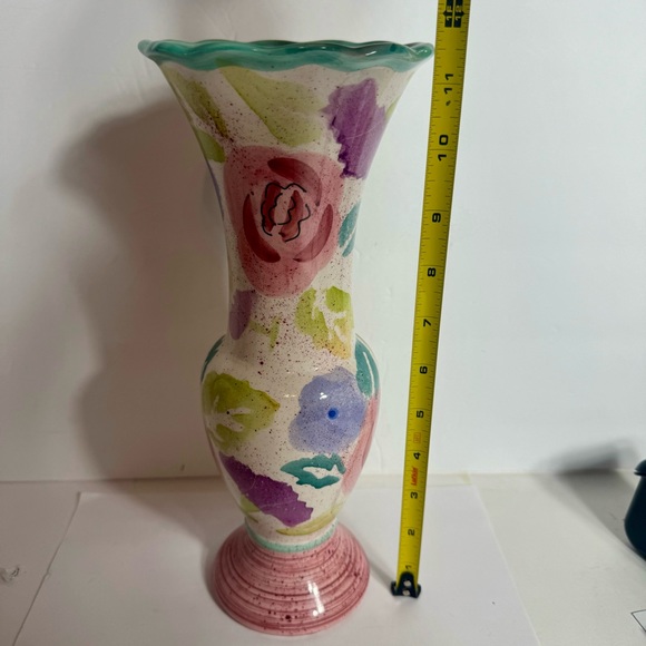 Vintage tall floral painted vase. Approx 11.5”H and 3.5” diameter across bottom. - Picture 13 of 13